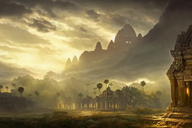 Image similar to cinematic lighting fantasy painting, an ancient land, sunset and ominous shadows over the kingdom, rivers and vilalges brutalist angkor rivendell by jessica rossier