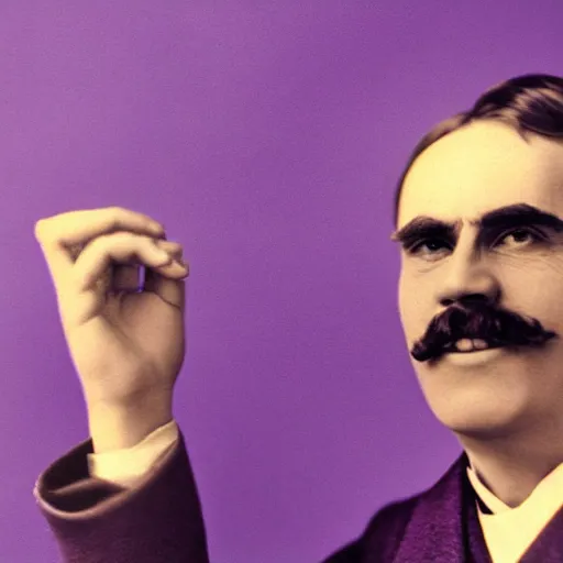 Image similar to friedrich nietzsche studio photography, purple background, smiling