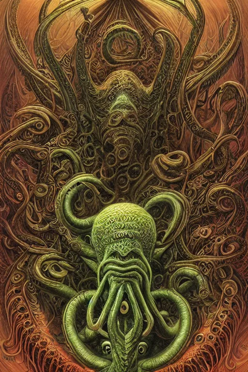 Image similar to highly detailed portrait of cthulu by alex grey, patrick woodroffe, mark ryden created by gustave dore and greg rutkowski, high detailed, smooth draw, synthwave neon retro, intricate, realistic proportions, dramatic lighting, trending on artstation