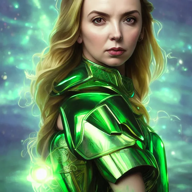 Image similar to close up portrait of jodie comer wearing shiny emerald armor, glowing blonde hair, glowing green eyes, glowing green armor, subsurface scattering, ethereal, artistic, temple background with light rays, fantasy atmosphere. art by artgerm, greg rutkowski and alphonse mucha, 3 d artstation octane render,