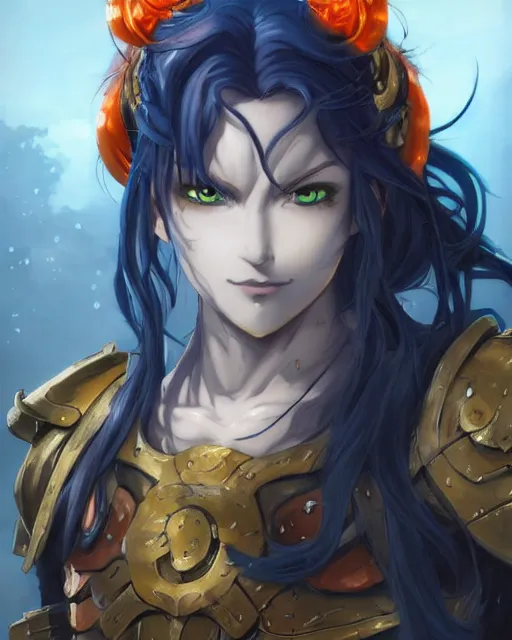 Image similar to An anime portrait of a beautiful D&D half-orc female with long wavy dark blue hair, bright orange eyes, intricate full body armour, fantasy soldier, by Stanley Artgerm Lau, WLOP, Rossdraws, James Jean, Andrei Riabovitchev, Marc Simonetti, and Sakimichan, highly detailed, ultra detailed, golden hour, trending on artstation, cgstudio