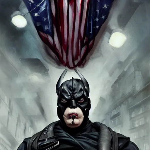 Prompt: Donald Trump as Bane from The Dark Knight Rises, portrait, highly detailed, digital painting, artstation, concept art, smooth, sharp focus, illustration, cinematic lighting, art by artgerm and greg rutkowski and alphonse mucha