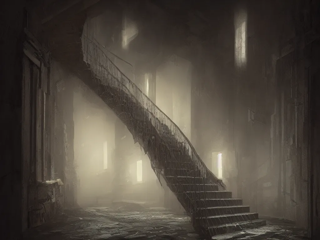 Prompt: a gloomy long staircase at the end in the depth is a door with illuminated sign, digital painting, concept art, smooth, sharp focus, hyperrealistic, illustration, artstation trending, octane render,