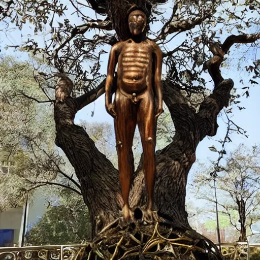 Image similar to a human man statue stuck in a cosmic tree, a sense of awe, amazement, monogon, plasma display, wooden, silver, mercury, damascus, armature wire, multiscopy, morph, in a symbolic and meaningful style, insanely detailed and intricate, hypermaximalist, elegant, ornate, hyper realistic, super detailed,