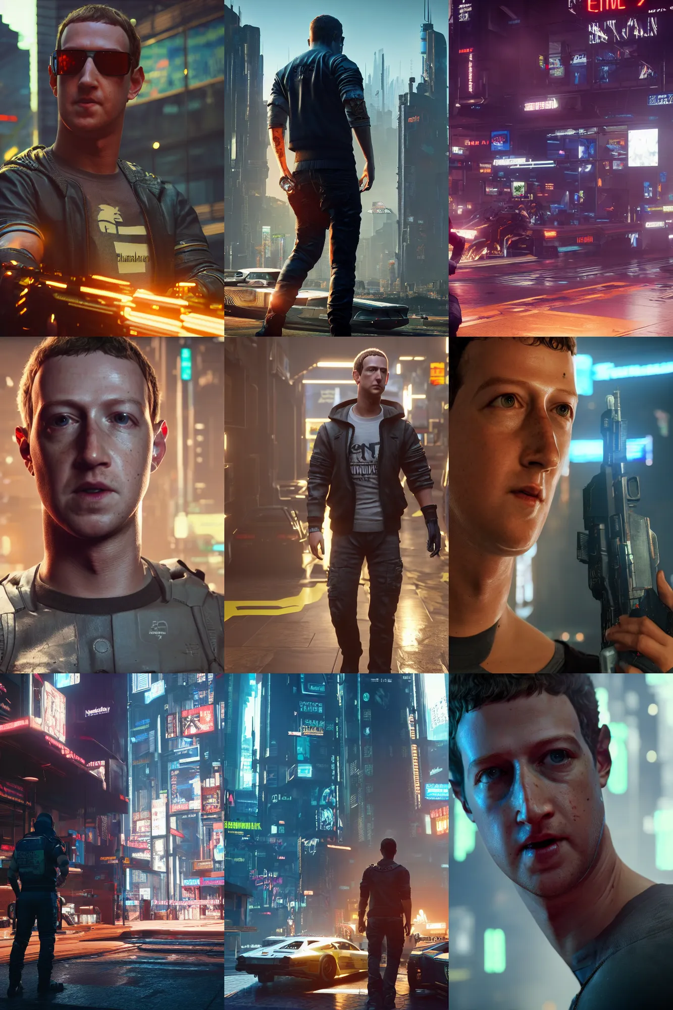 Prompt: high detail mark zuckerberg in cyberpunk 2 0 7 7, hdr, unreal engine, raytraced, rtx, reflections