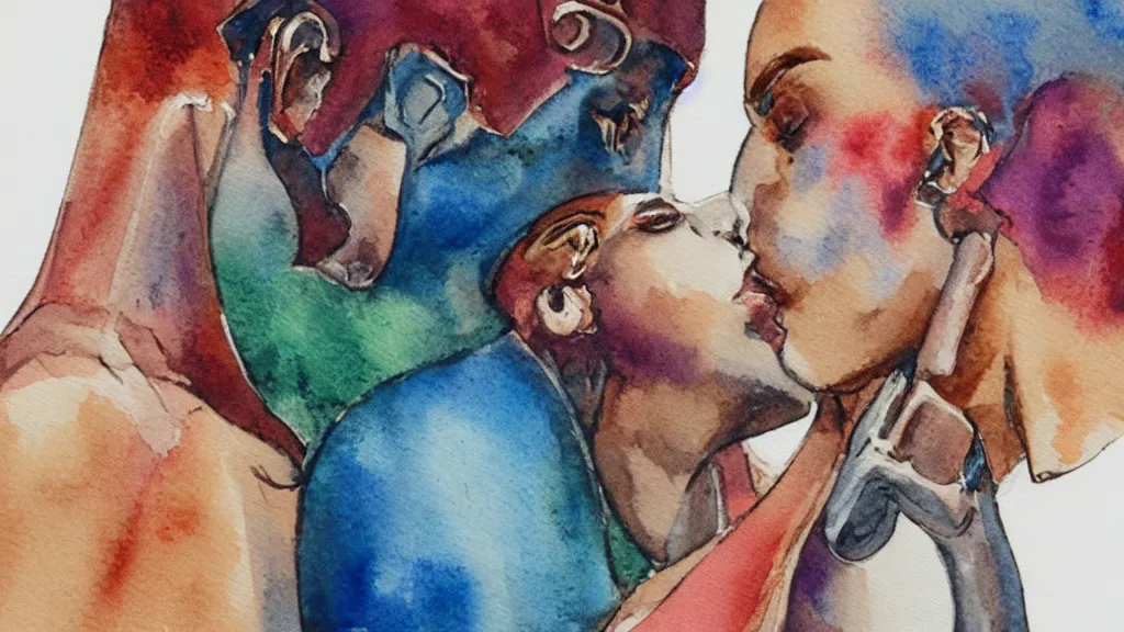 Image similar to watercolor of two cyborgs kissing