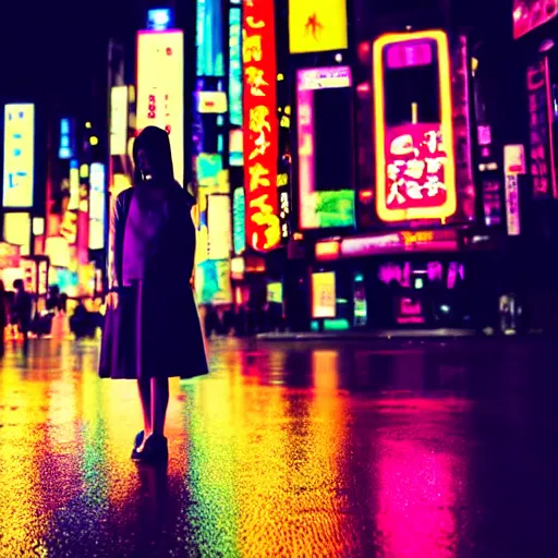 Image similar to a dramatic colorful fujifilm photograph of a young japanese girls silhouette standing in the middle of a tranquil nighttime tokyo street with neon signs