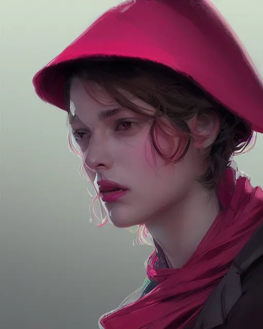 Image similar to the shadow, pink scarf, yellowish hat, red coat, highly detailed, digital painting, artstation, concept art, sharp focus, illustration, inspired by greg rutkowski and alphonse mucha