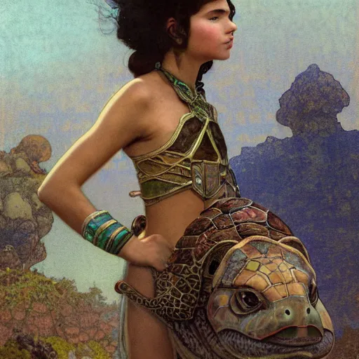 Image similar to a little warrior girl sitting on top of one giant turtle with a wise face that is walking in the desert. the girl has dark skin and beautiful green eyes, realistic full body and a very beautiful detailed symmetrical face with long black hair. diffuse light, dramatic sky and landscape, long shot fantasy illustration by mucha