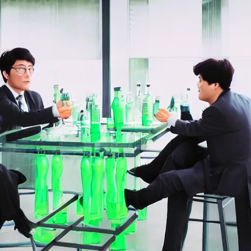 Image similar to korean business men drinking from green bottles by huskmitnavn