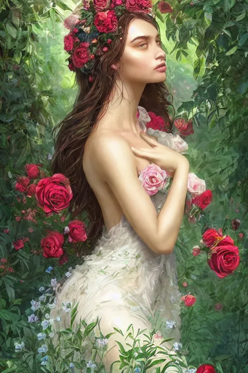 Image similar to beautiful woman in the middle of a lush garden with roses in her hair and an intricate gown, highly detailed, portrait, artstation, art by artgerm and greg rutkowski,