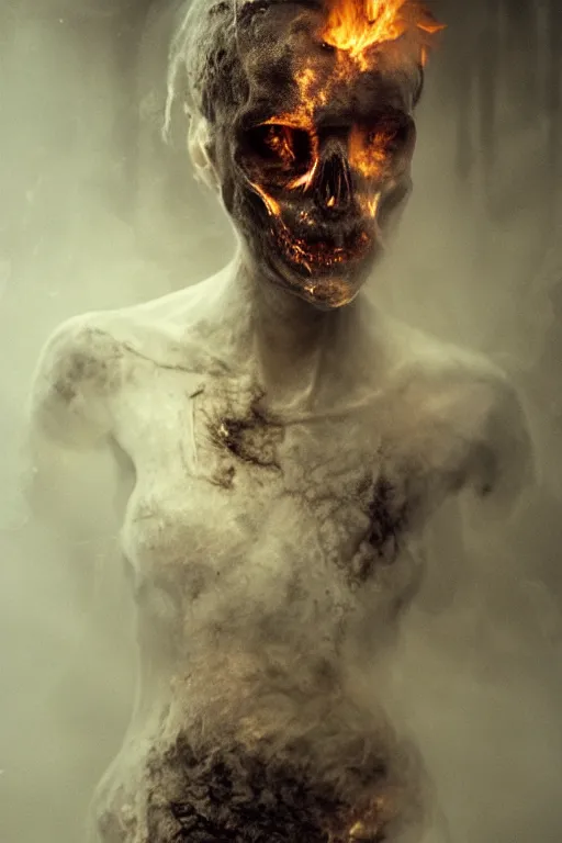 Prompt: portrait of a ghost burning, floating, ancient wood environment, Darkest cinematic lighting, insanely detailed, trending on artstation, golden ratio, concept art by Emil Melmoth