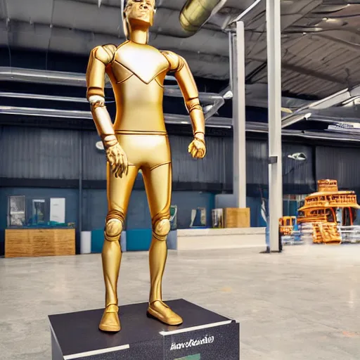 Image similar to a realistic detailed photo of a guy who is an attractive humanoid who is half robot and half humanoid, who is a male android, soccer players martin ødegaard, shiny skin, posing like a statue, blank stare, in a factory, on display, showing off his muscles, gold soccer shorts, back view