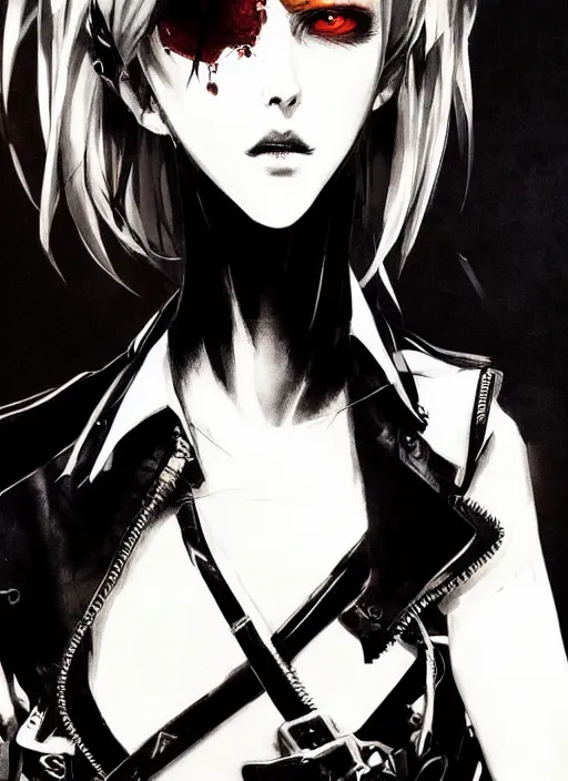 Prompt: Half body portrait of young woman with short hair, eyepatch, white shirt, ornate leather jacket. In style of Yoji Shinkawa and Hyung-tae Kim, trending on ArtStation, dark fantasy, great composition, concept art, highly detailed, dynamic pose.