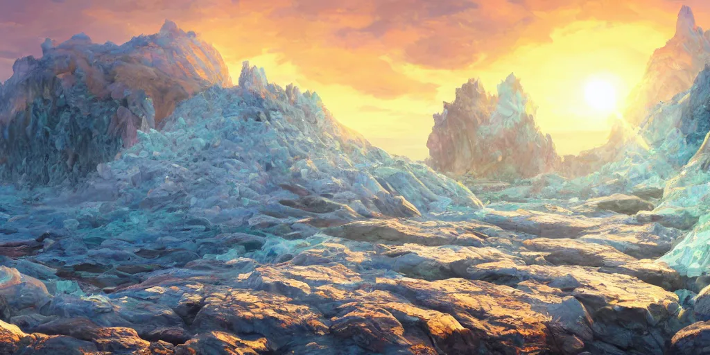 Image similar to a desolate salt covered island surrounded by colourful rugged crystal quartz mountains, illustration, bright sunlight, sun glints, sunrays, digital art, hyperrealistic, oil painting, fantasy, 8 k, trending on artstation, detailed