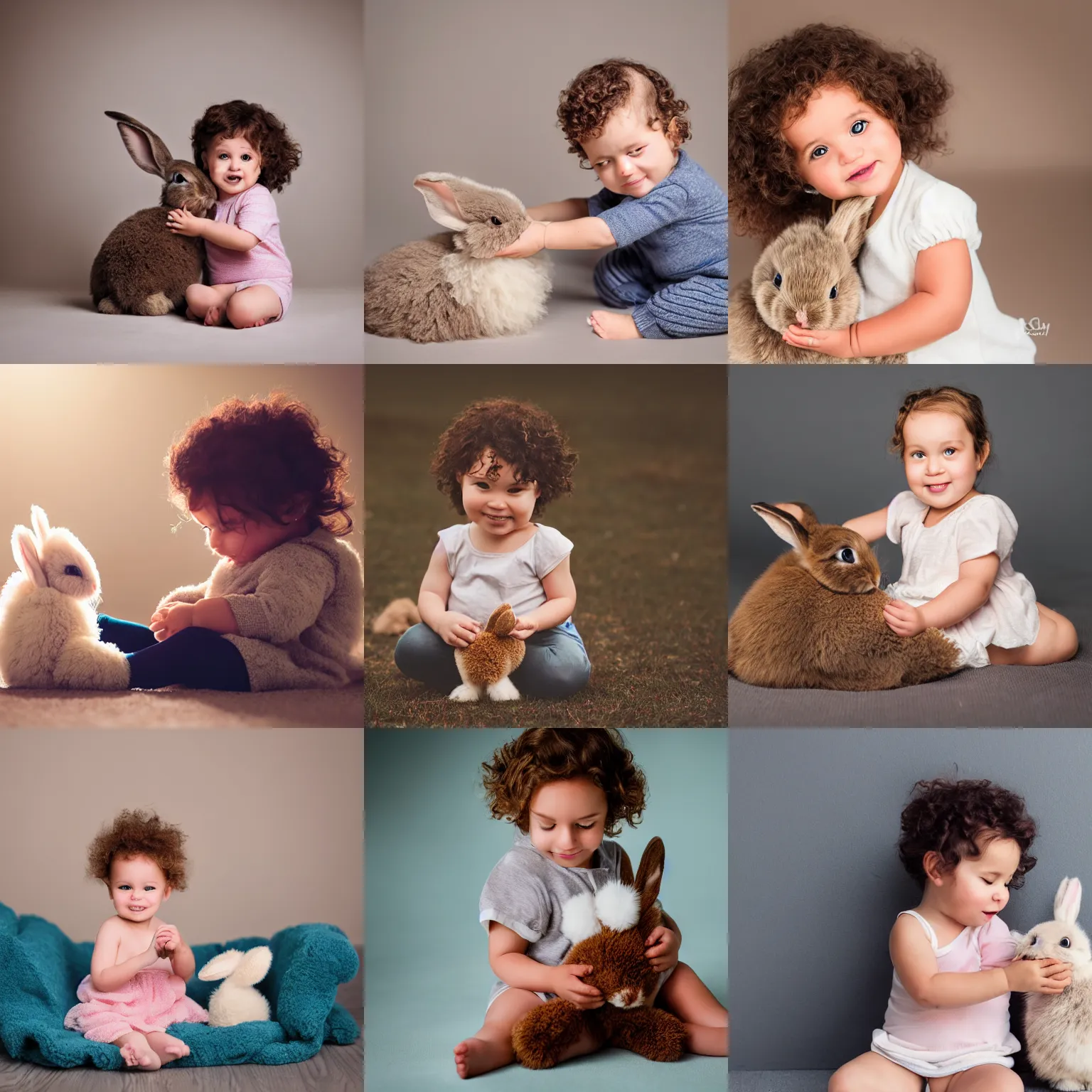 Prompt: cute 1 year old girl with brown curly hair playing with a, cuddly, fluffy little bunny. soft warm lighting. professional photography.