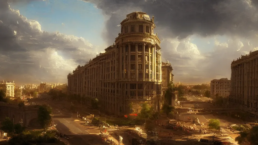 Image similar to Madrid painted by Thomas Cole with dramatic lighting, concept art, matte painting, 8k, highly detailed, artstation