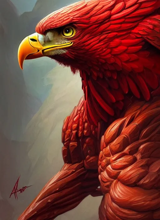 Image similar to portrait of aggressive eagle humanoid, d & d, muscular!, red, fantasy, intricate, elegant, highly detailed, digital painting, artstation, concept art, smooth, sharp focus, illustration, art by artgerm and greg rutkowski and alphonse mucha