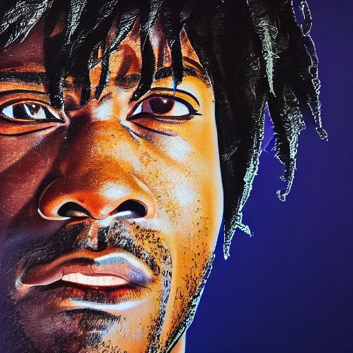 Image similar to synthwave lil uzi vert detailed face portrait, realistic, 8 k, ultra details, highly detailed face, sharp focus