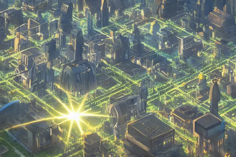 Prompt: gigantic solarpunk utopian city, beautiful golden rays of sunshine