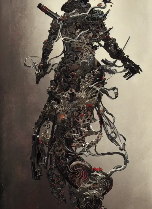 Prompt: portrait of a seductive cyborg yakuza with weapons, imari, modern fine art, fractal, in the style of ghosts in the machine, intricate ornaments, elegant, highly detailed, digital photography, subsurface scattering, by mc escher and greg rutkowski,