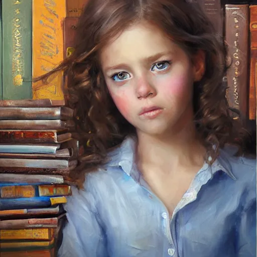 Prompt: a seven year old girl with short curly light brown hair and blue eyes sitting amidst tall piles of books. beautiful painting by raymond swanland and magali villanueve, beautiful detailed face.