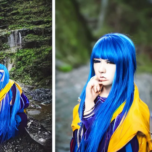 Image similar to rimuru tempest, young man blue hair,!!!!! yellow eyes!!!!! canon eos r 3, f / 1. 4, iso 2 0 0, 1 / 1 6 0 s, 8 k, raw, unedited, symmetrical balance, in - frame