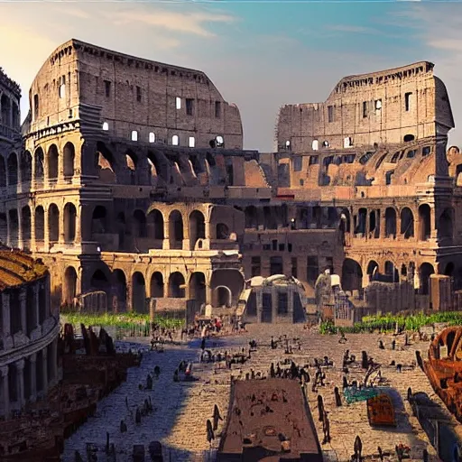 Image similar to busy d & d city that resembles rome and has a colosseum in its center, artstation