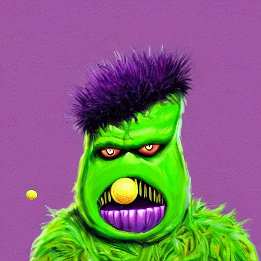 Image similar to a green tennis ball monster in a purple pimp coat, black and gold, digital art, fantasy, magic, chalk, trending on artstation, ultra detailed, professional illustration by basil gogos