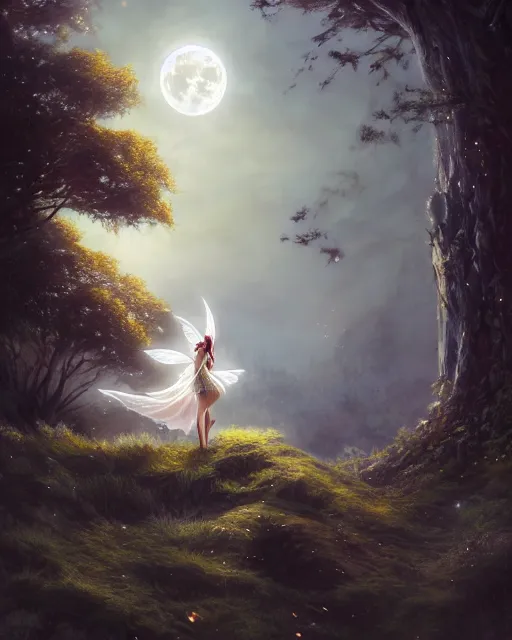 Image similar to attractive fairy goddness fly high in the night, d & d, fantasy, mist, full moon in background, trees, hyper detailed, art by artgerm and greg rutkowski and magali villeneuve, midium shot, 8 k realistic, cryengine, digital painting, trending on artstation, concept art, sharp focus, illustration,