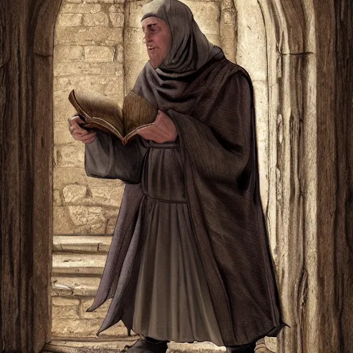 Prompt: medieval monk in monastry library, trending on artstation