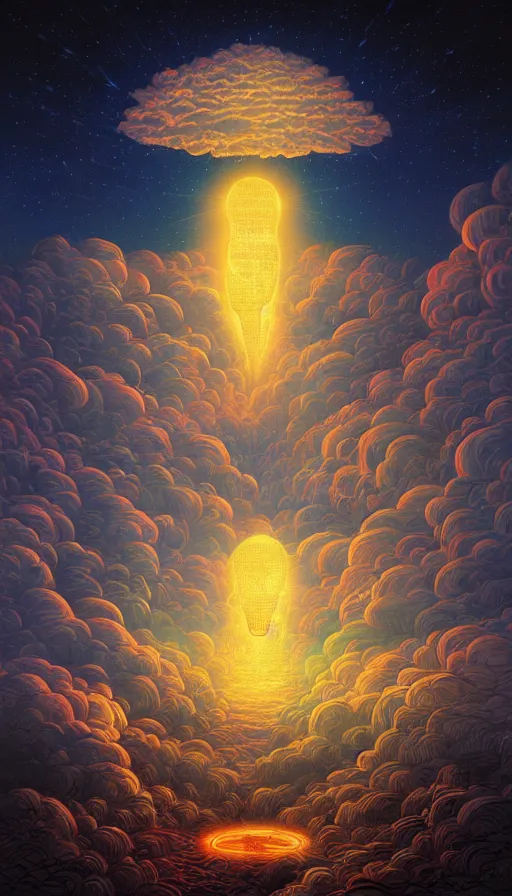 Prompt: the ancient oracle of the luminous lantern spirits on cosmic cloudscape, futurism, dan mumford, da vinci, josan gonzalez