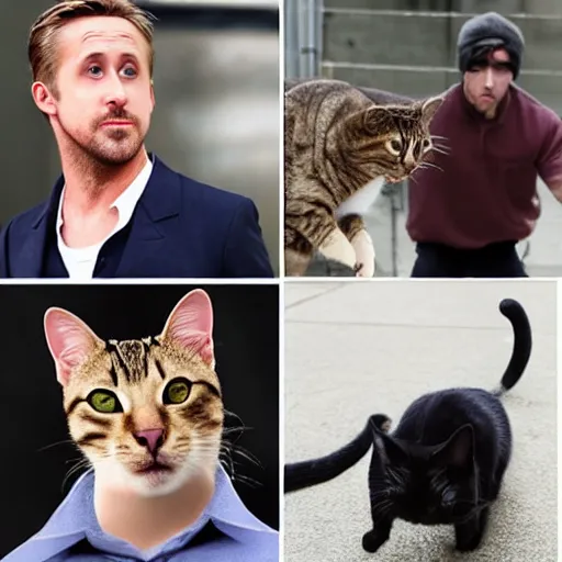 Prompt: ryan gosling getting mugged by a cat