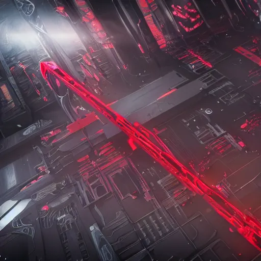 Prompt: photo of a grimm reaper with a large scythe in his hand walking in a futuristic city in a dystopian future made of electronic components and looks like a giant pcb board. Very detailed 8k. Unreal engine 5 render with nanite, global illumination and path tracing. Emphasize on the colors black and red.