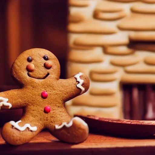 Image similar to a gingerbread man sits in a gingerbread house, contemplating existential dread. is he made of house? or is the house made of flesh? he screams for he does not know.