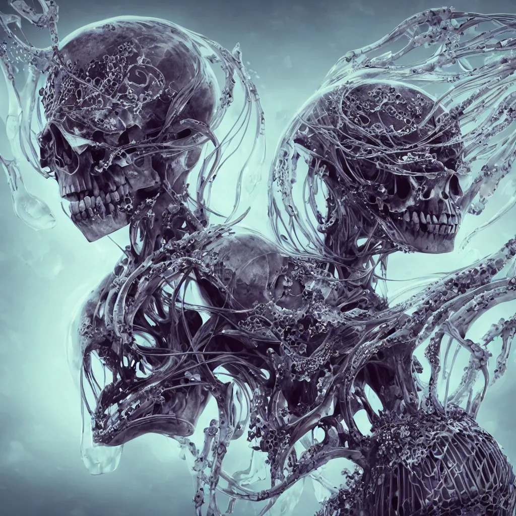 Image similar to close-up macro portrait of the face of a beautiful princess with animal skull mask, epic angle and pose ribcage skeleton, symmetrical artwork, 3d with depth of field, blurred background, cybernetic jellyfish female face skull phoenix bird, translucent, nautilus, energy flows of water and fire. a highly detailed epic cinematic concept art CG render. made in Maya, Blender and Photoshop, octane render, excellent composition, cinematic dystopian brutalist atmosphere, dynamic dramatic cinematic lighting, aesthetic, very inspirational, arthouse. y Greg Rutkowski, Ilya Kuvshinov, WLOP, Stanley Artgerm Lau, Ruan Jia and Fenghua Zhong