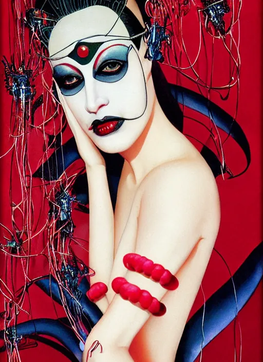 Image similar to an 8 0 s portrait of a woman with dark eye - shadow and red lips with dark slicked back hair, a mask made of wire and beads, dreaming acid - fueled hallucinations by serge lutens, rolf armstrong, delphin enjolras, peter elson, red cloth background