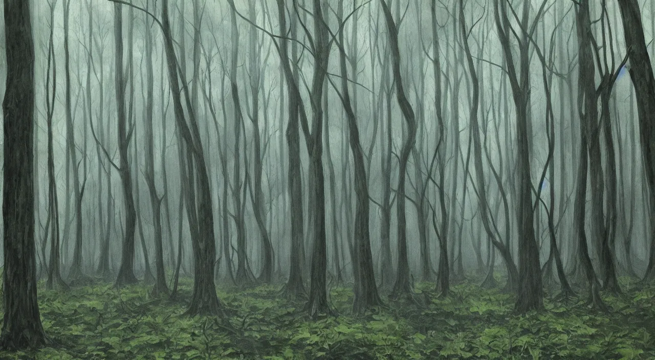 Prompt: forest filled with towering trees, large canopy, dappled light, creepy, horror, nightmare, painting