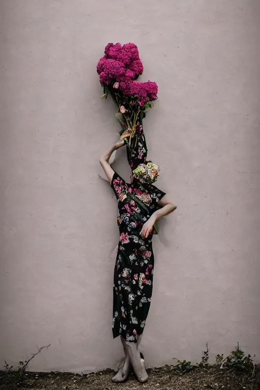 Prompt: a surreal portrait of a woman wearing gas mask blending into a wall of flowers in the style of brooke didonato, editorial fashion photography from vogue magazine, full shot, nikon d 8 1 0, ƒ / 2. 5, focal length : 8 5. 0 mm, exposure time : 1 / 8 0 0, iso : 2 0 0