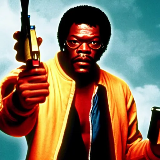 Image similar to samuel lee jackson as jules winnfield pointing a banana as a weapon, pulp fiction, 8 k