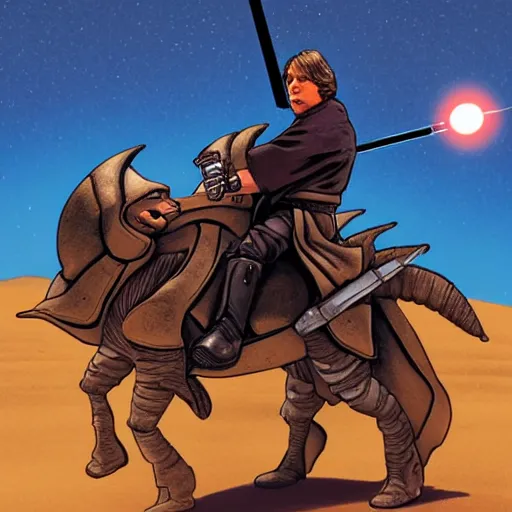 Image similar to luke skywalker riding a sandworm