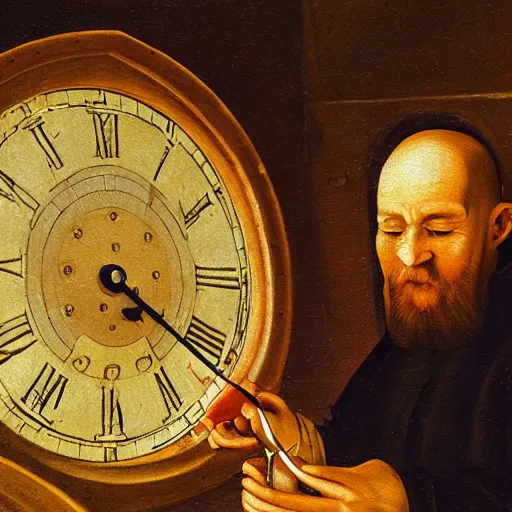 Image similar to medieval monk maintaining an extremely complex mechanical clock, oil painting, warm lighting