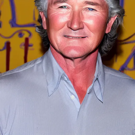 Image similar to patrick duffy with very long length straight grey hair wearing a white shirt