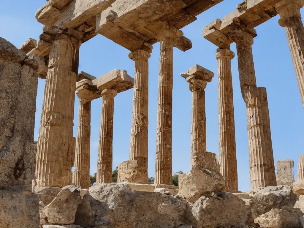 Image similar to mid air ancient greek buildings, pillars and pieces of statues falling