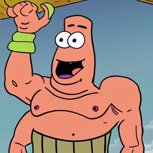 Image similar to a cartoon image of a extremely muscular patrick from spongebob