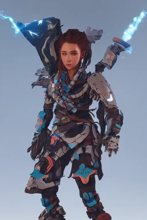 Image similar to combination suit armor aloy horizon forbidden west horizon zero dawn robot ninja mask helmet backpack tribal, aesthetic octane render, 8 k hd resolution, by ilya kuvshinov and cushart krentz and gilleard james radiating a glowing aura cgi rtx 2 0 2 2