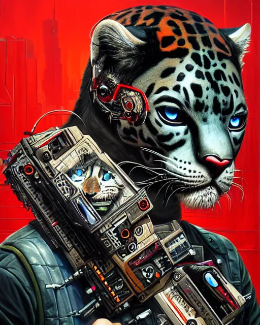 Image similar to a portrait of an anthropomorphic cyberpunk jaguar by sandra chevrier, by jon foster, detailed render, pistol in holster, tape deck, epic composition, cybernetics, 4 k realistic, cryengine, realistic shaded lighting, sharp focus, masterpiece, by enki bilal