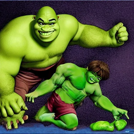 Image similar to shrek fighting the incredible hulk