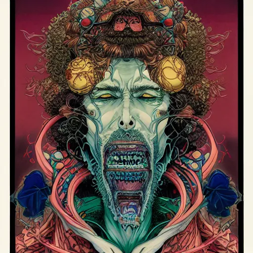 Image similar to portrait of crazy hippy man, symmetrical, by yoichi hatakenaka, masamune shirow, josan gonzales and dan mumford, ayami kojima, takato yamamoto, barclay shaw, karol bak, yukito kishiro