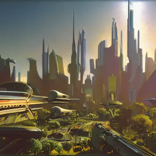 Image similar to Sci-fi cityscape with green gardens, cinematic angle, cinematic lighting, blue sky, sun in the sky, by Syd Mead, John Harris, Federico Pelat